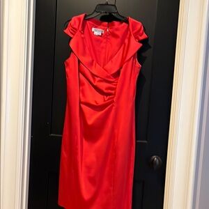 Kay Unger Red Asymmetrical Ruched Midi Dress